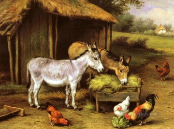 Animal Painting - Pollos y burros alimentándose fuera de un granero animales de granja Edgar Hunt